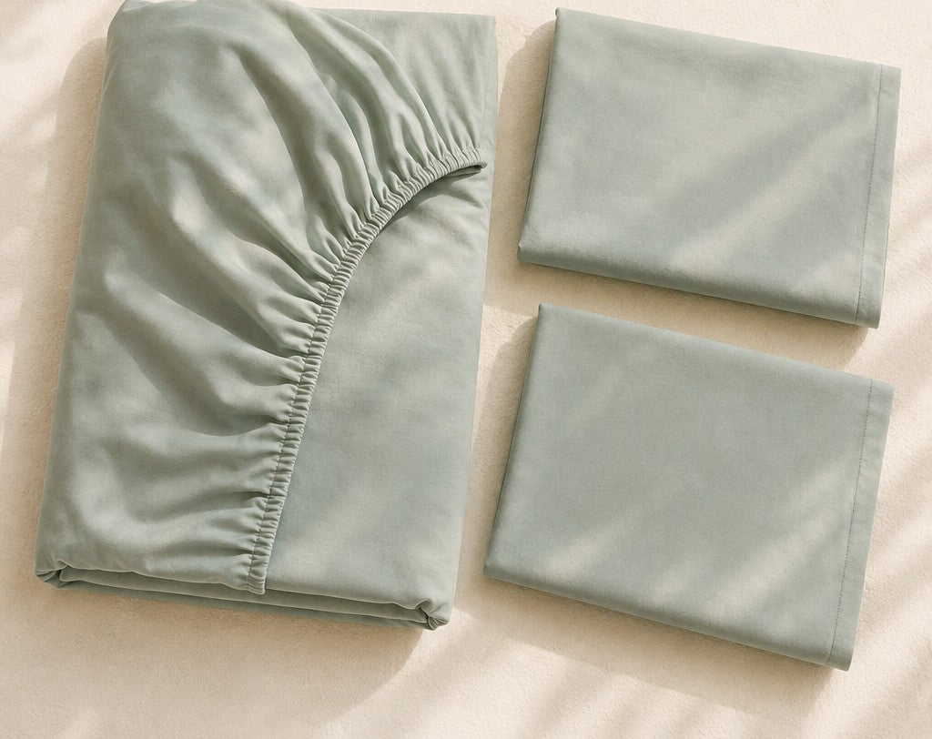 PAMUKKI SkipTop set: one fitted sheet and two pillowcases in Sea Glass, folded. No top sheet.